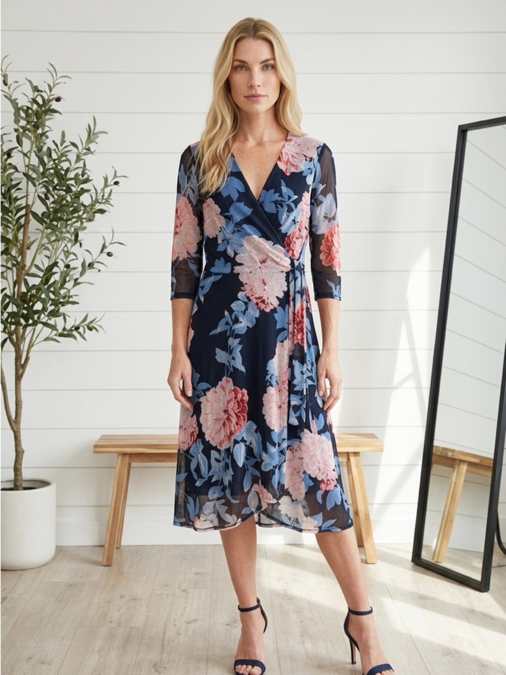 Enfocus Studio Navy Wrap Midi Dress with Pink Floral Print